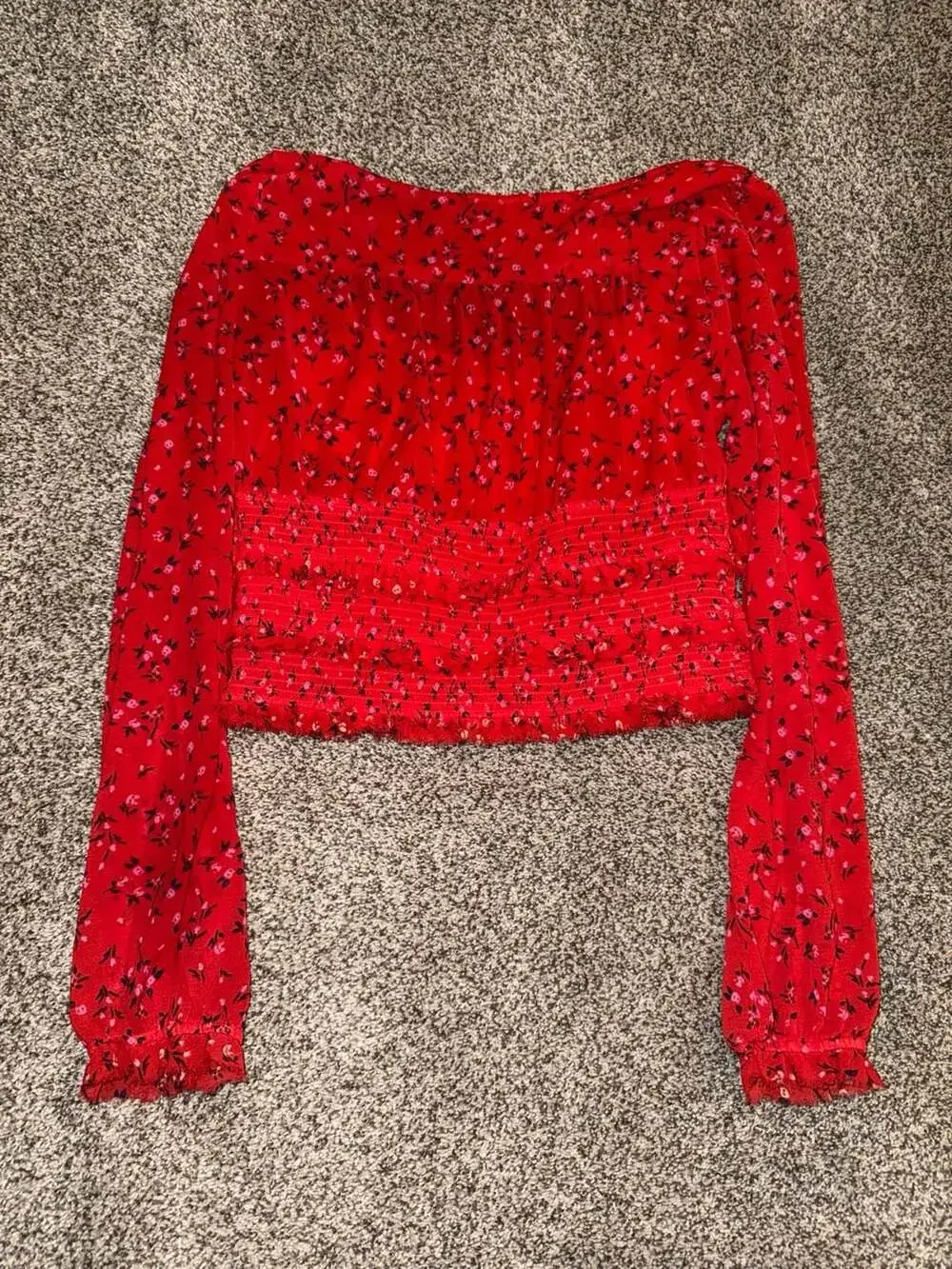 Free People Lolita Red Floral Long Sleeve Smocked Blouse